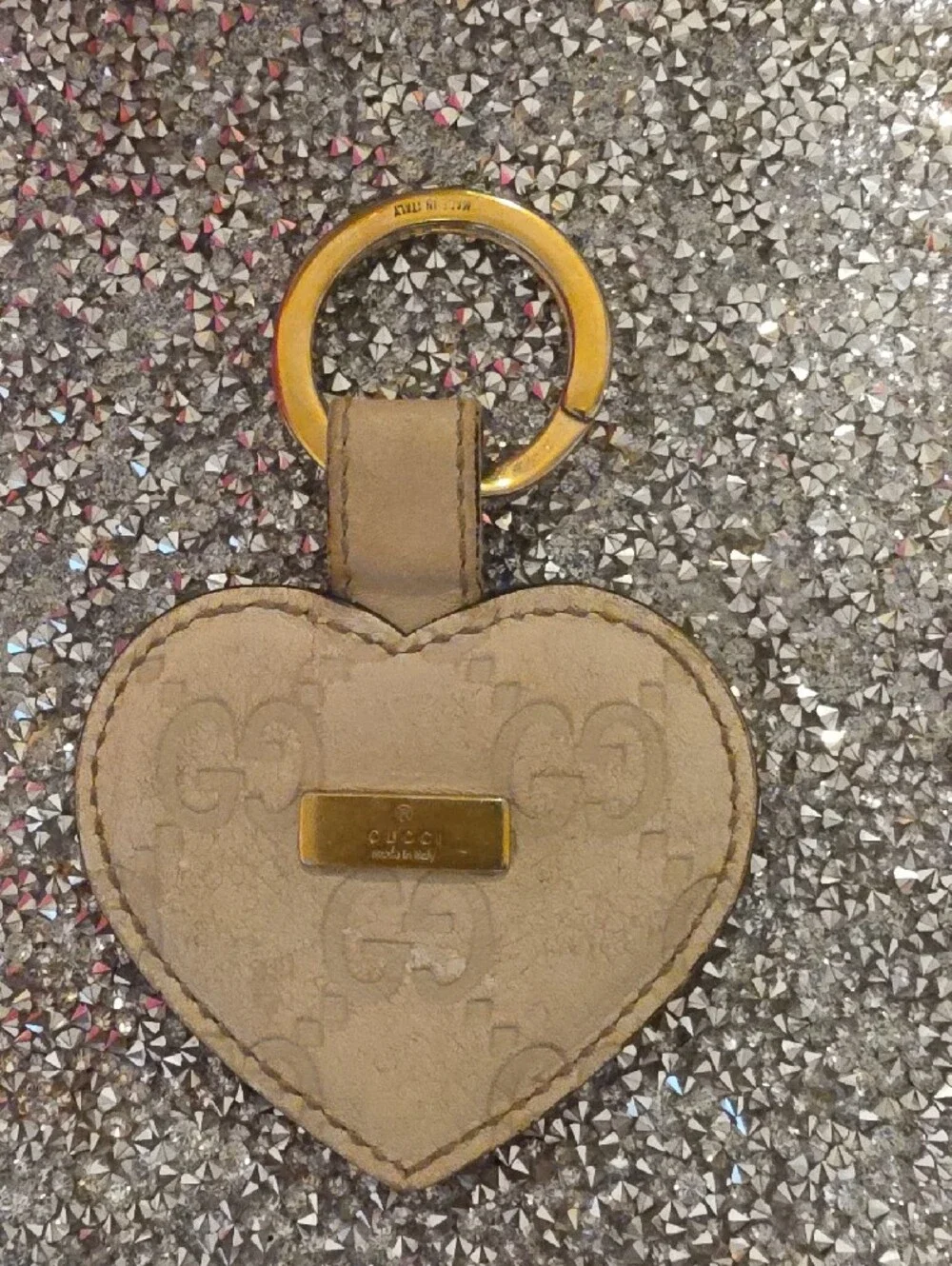 Gucci Beige Monogram Heart Keyring with Gold Hardware
